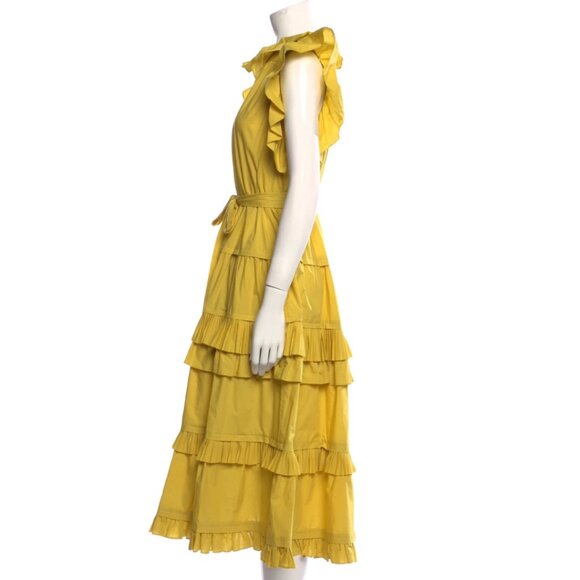 ULLA JOHNSON Elsie Tiered Poplin Midi Dress Size 4 Yellow Button Up Belt Autumn - Picture 3 of 5
